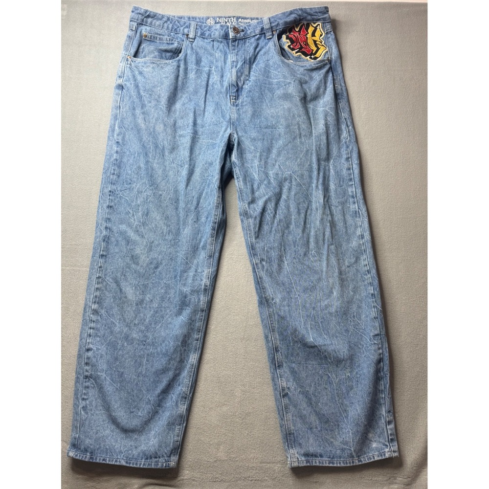 Ninth Hall Dragon Embroidered Baggy Jeans Sz 40x30 Y2K Cyber Grunge Streetwear - Picture 1 of 12